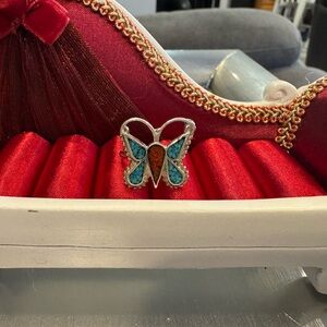 Butterfly 925 sterling silver ring with turquoise and jasper